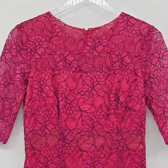 MONIQUE LHUILLIER Dress Sz 6 Pink Lace Sheath Floral Overlay Scalloped Cocktail - Picture 3 of 13